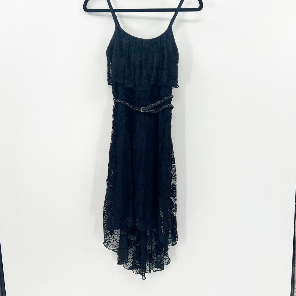 Love Reign Women's Black Floral Lace Belted Ruffle Sleeveless Mini Dress Size S‎